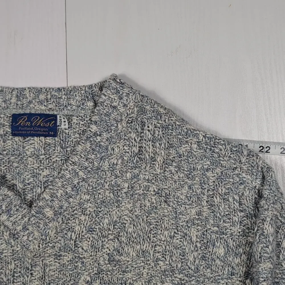 Pen West by Pendleton Sweater Men’s M Blue Gray Knit V-Neck Wool Cotton USA VTG